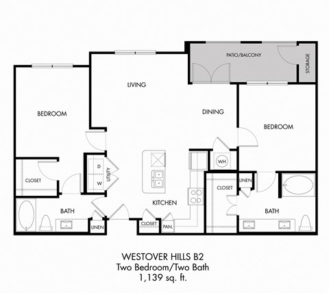 Floor plan for 2 beds, 2 baths, 1139 sqft